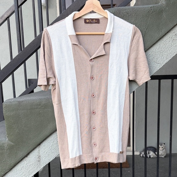 Loro Piana Beige and White Short-Sleeve Knit Polo Size Large Quiet Luxury Golf